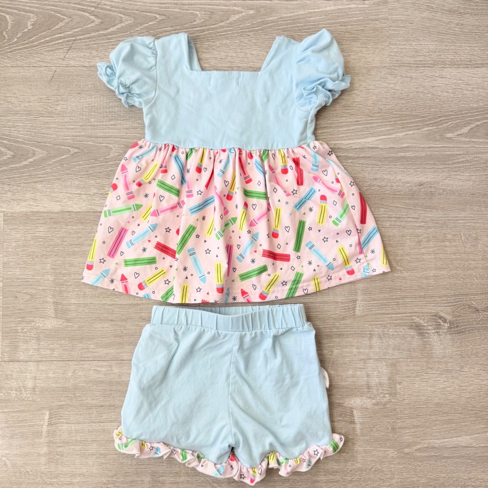 Marie Nicole Clothing Girls Crayon Pencil Print Matching Shorts Set Blue Pink 5T - Picture 3 of 3